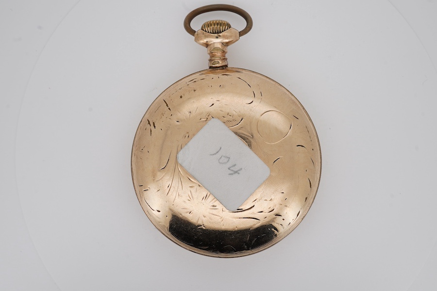 An American gold plated L.H. Doll, Calgery, N.W.J. open faced keyless pocket watch, with Arabic dial and subsidiary seconds, case diameter 53mm. Condition - poor
